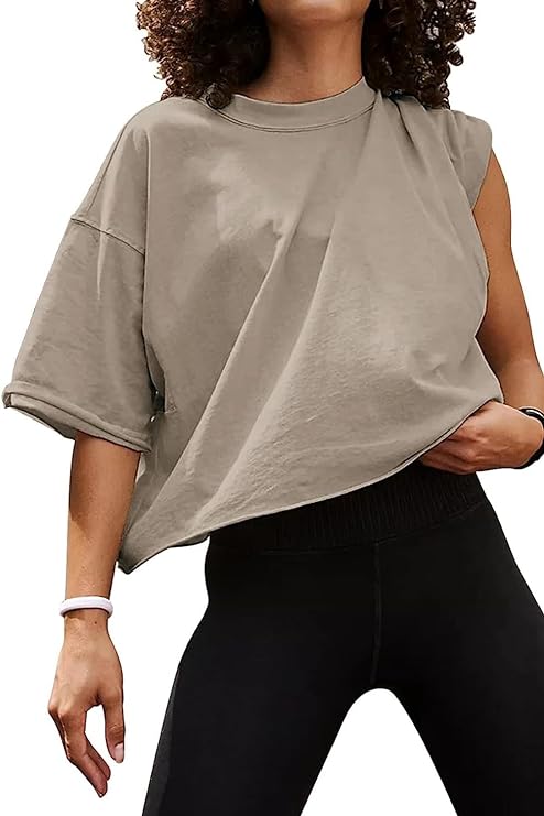 Carpetcom Oversized Workout Shirts for Women Short Sleeve Drop Shoulder Casual Crop Tops Baggy Gym Yoga Athletic Tee